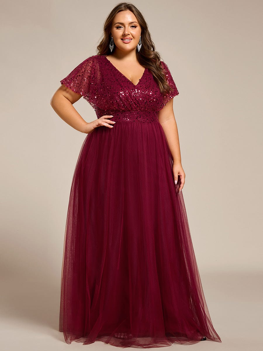 A-Line Short Sleeve Tulle Evening Dress with Sequin Embellishments #color_Burgundy