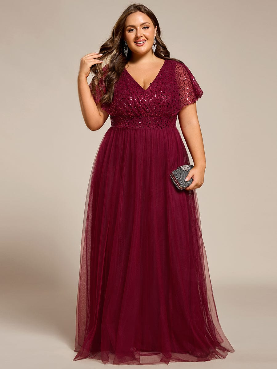 A-Line Short Sleeve Tulle Evening Dress with Sequin Embellishments #color_Burgundy