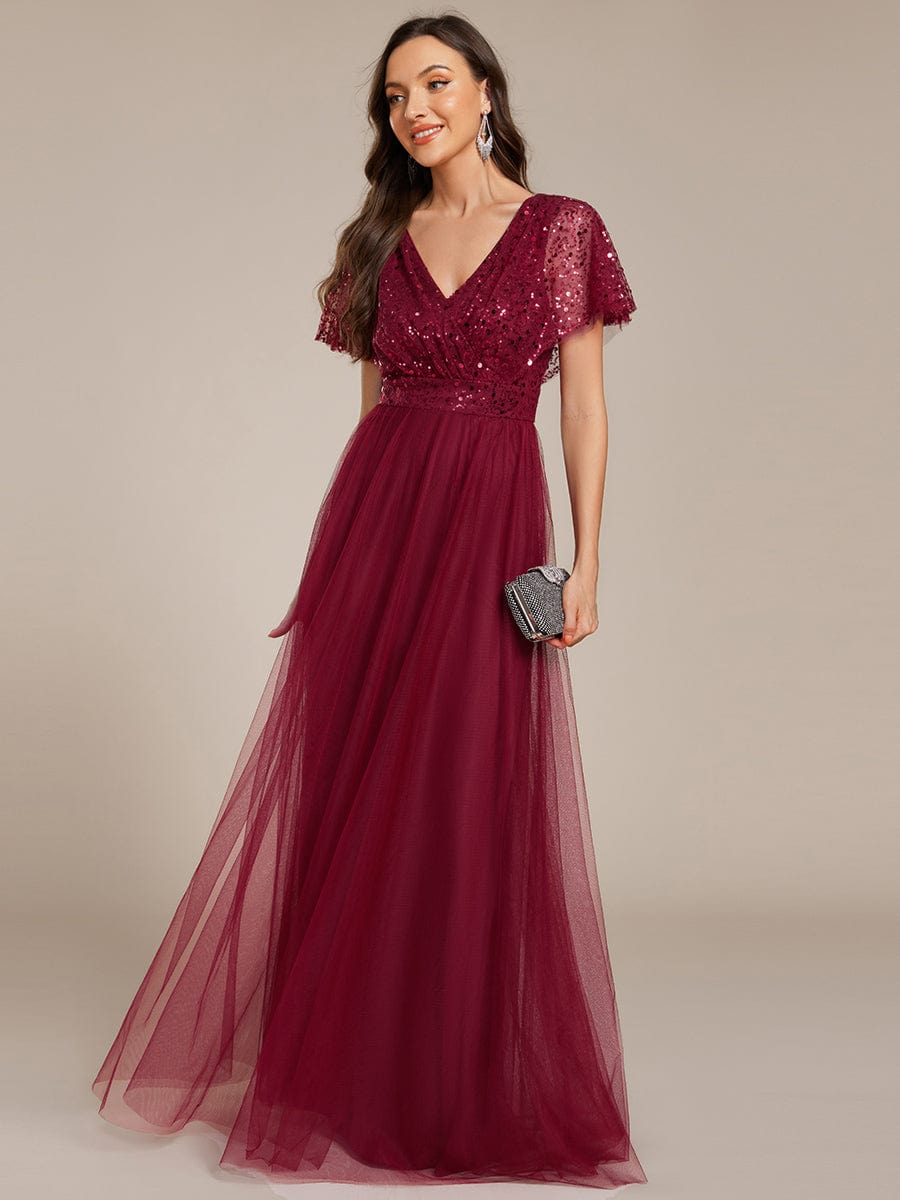 A-Line Short Sleeve Tulle Evening Dress with Sequin Embellishments #color_Burgundy