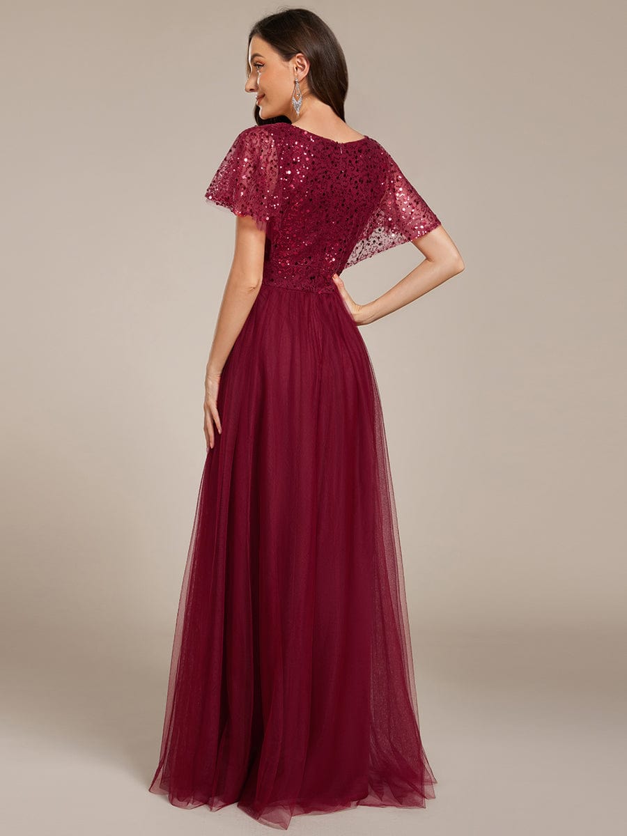 A-Line Short Sleeve Tulle Evening Dress with Sequin Embellishments #color_Burgundy