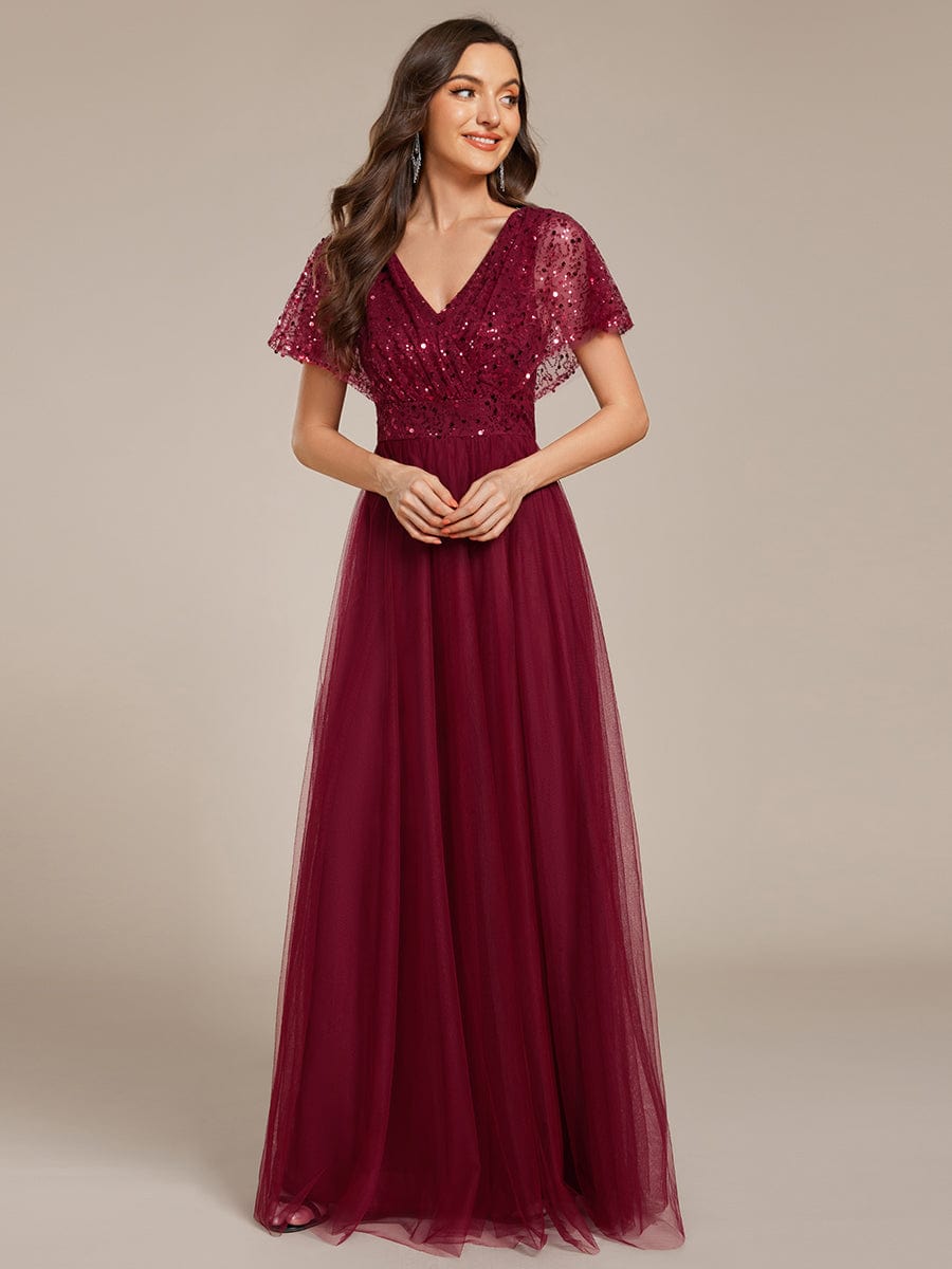 A-Line Short Sleeve Tulle Evening Dress with Sequin Embellishments #color_Burgundy