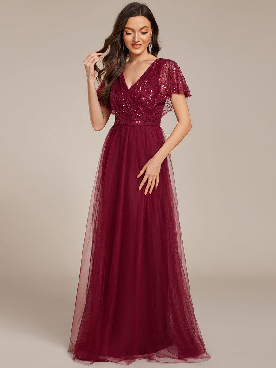 A-Line Short Sleeve Tulle Evening Dress with Sequin Embellishments #color_Burgundy