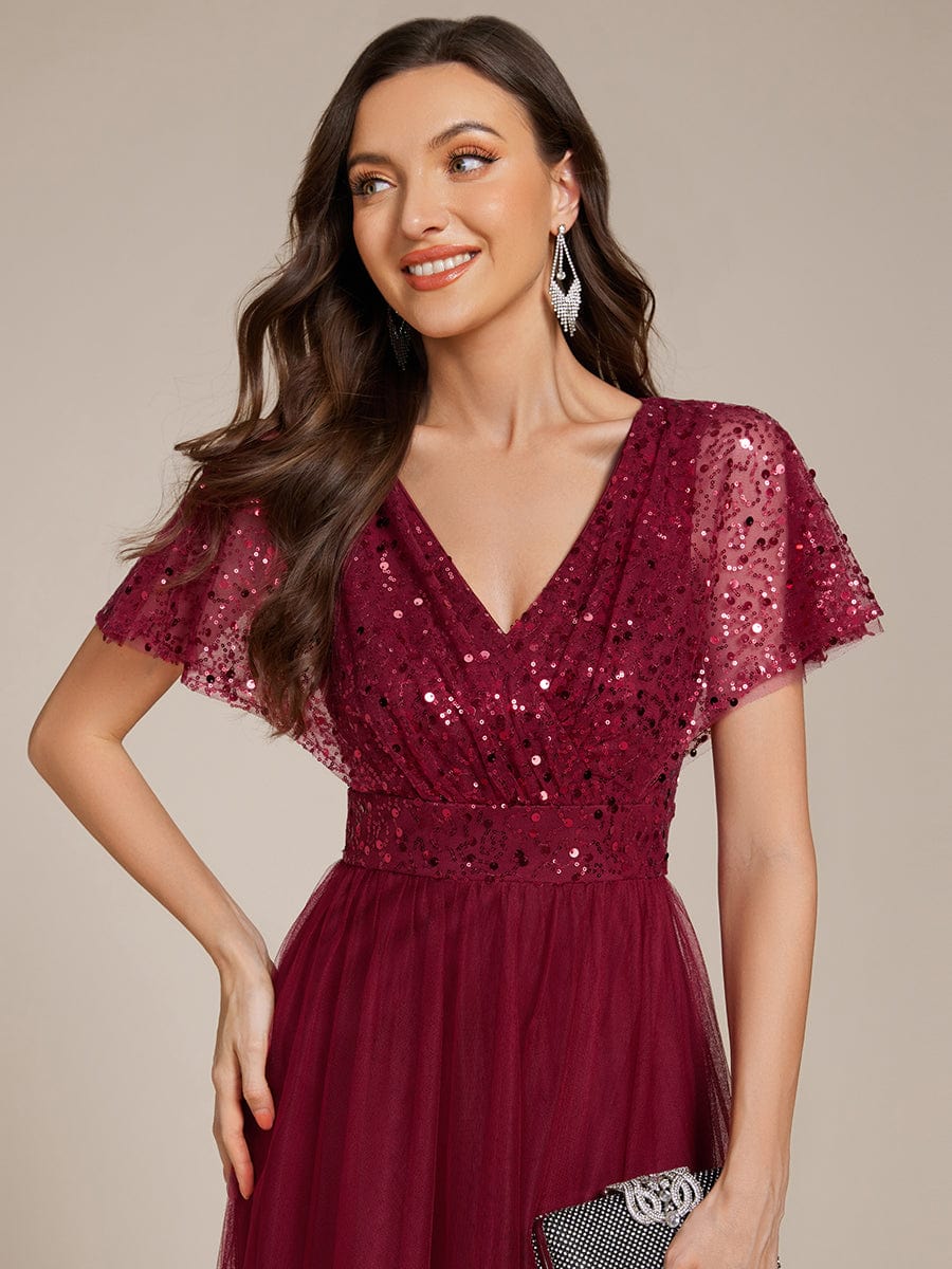 A-Line Short Sleeve Tulle Evening Dress with Sequin Embellishments #color_Burgundy