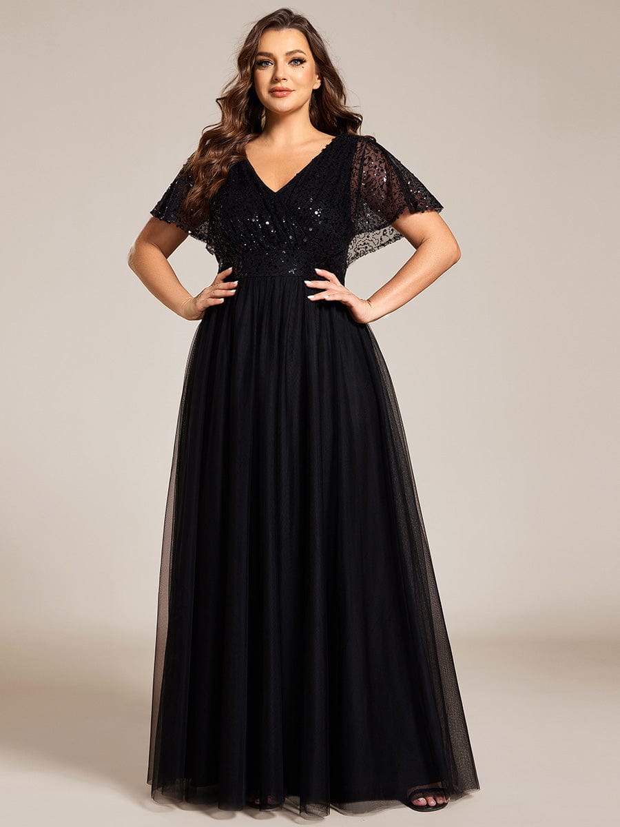 A-Line Short Sleeve Tulle Evening Dress with Sequin Embellishments #color_Black