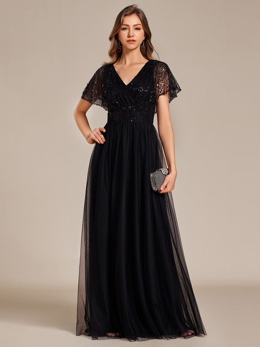 A-Line Short Sleeve Tulle Evening Dress with Sequin Embellishments #color_Black