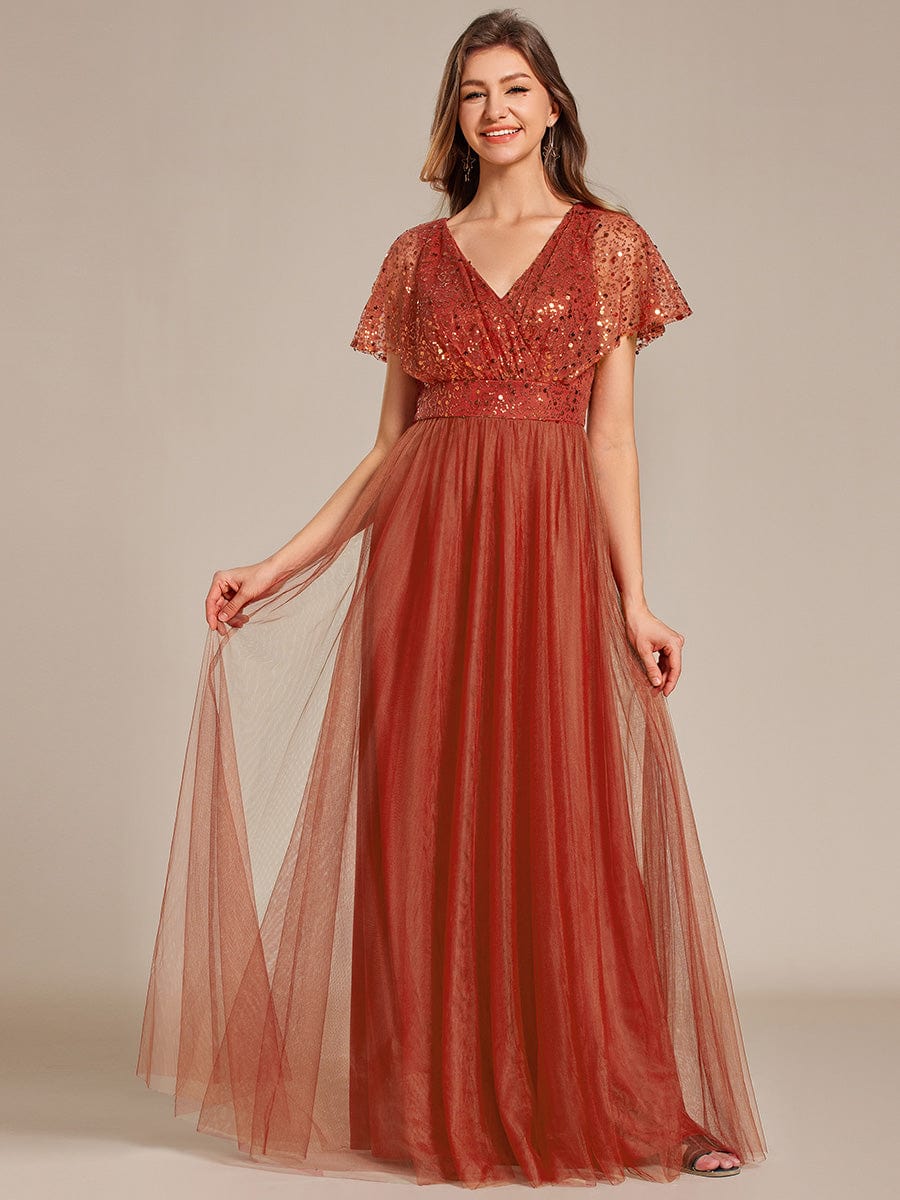 A-Line Short Sleeve Tulle Evening Dress with Sequin Embellishments #color_Burnt Orange