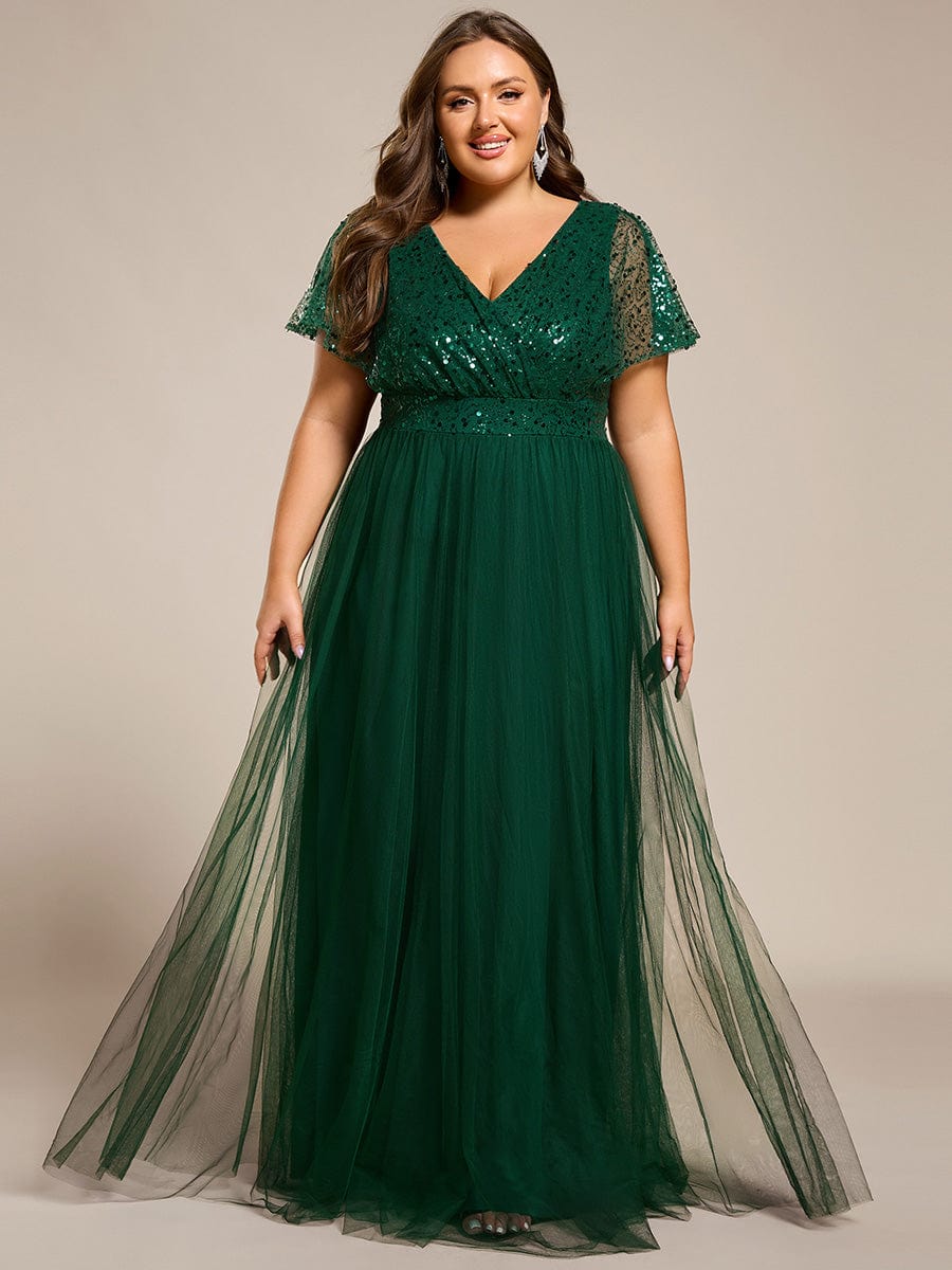 A-Line Short Sleeve Tulle Evening Dress with Sequin Embellishments #color_Dark Green