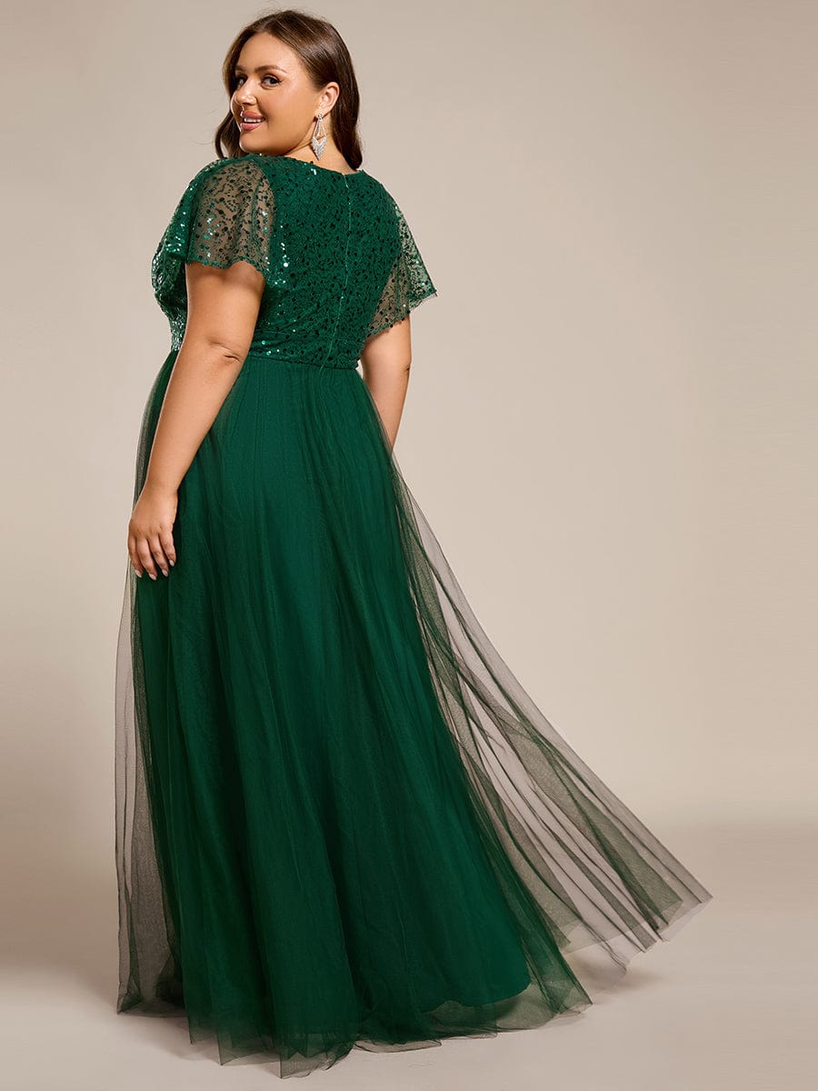 A-Line Short Sleeve Tulle Evening Dress with Sequin Embellishments #color_Dark Green