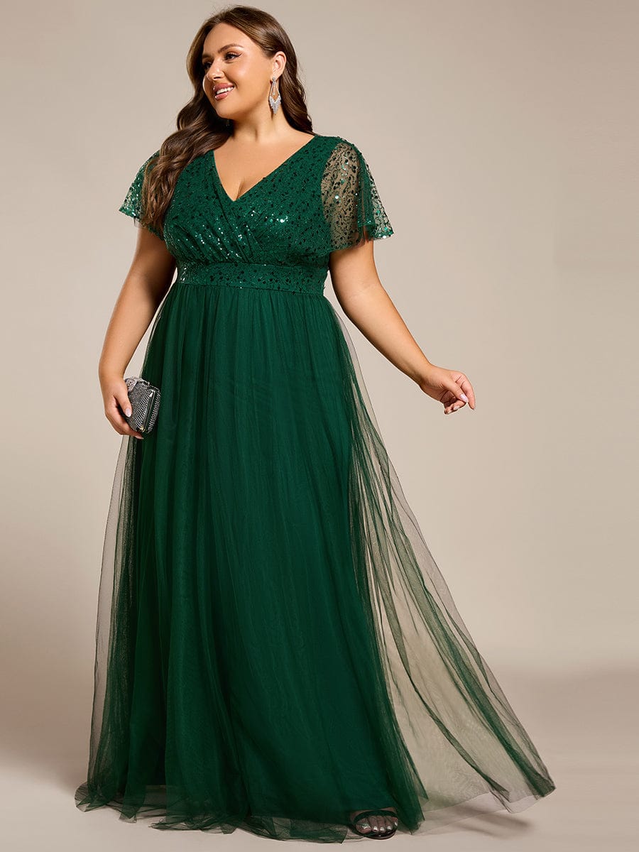 A-Line Short Sleeve Tulle Evening Dress with Sequin Embellishments #color_Dark Green