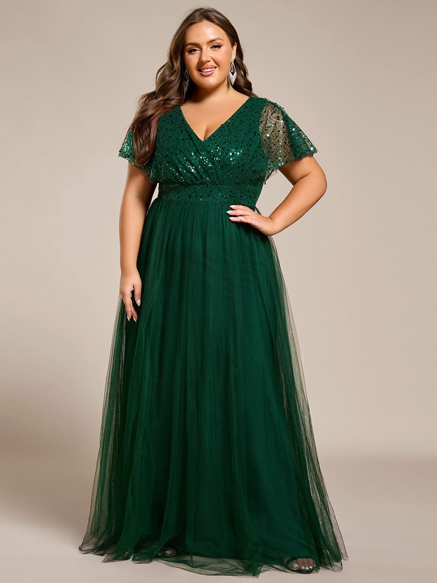 A-Line Short Sleeve Tulle Evening Dress with Sequin Embellishments #color_Dark Green