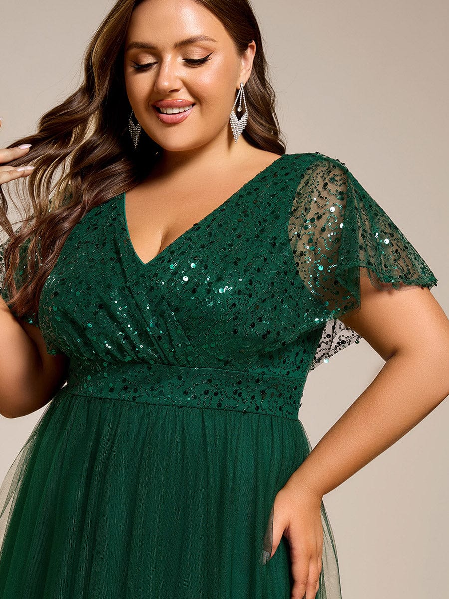 A-Line Short Sleeve Tulle Evening Dress with Sequin Embellishments #color_Dark Green