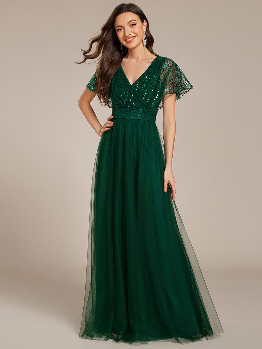 A-Line Short Sleeve Tulle Evening Dress with Sequin Embellishments #color_Dark Green