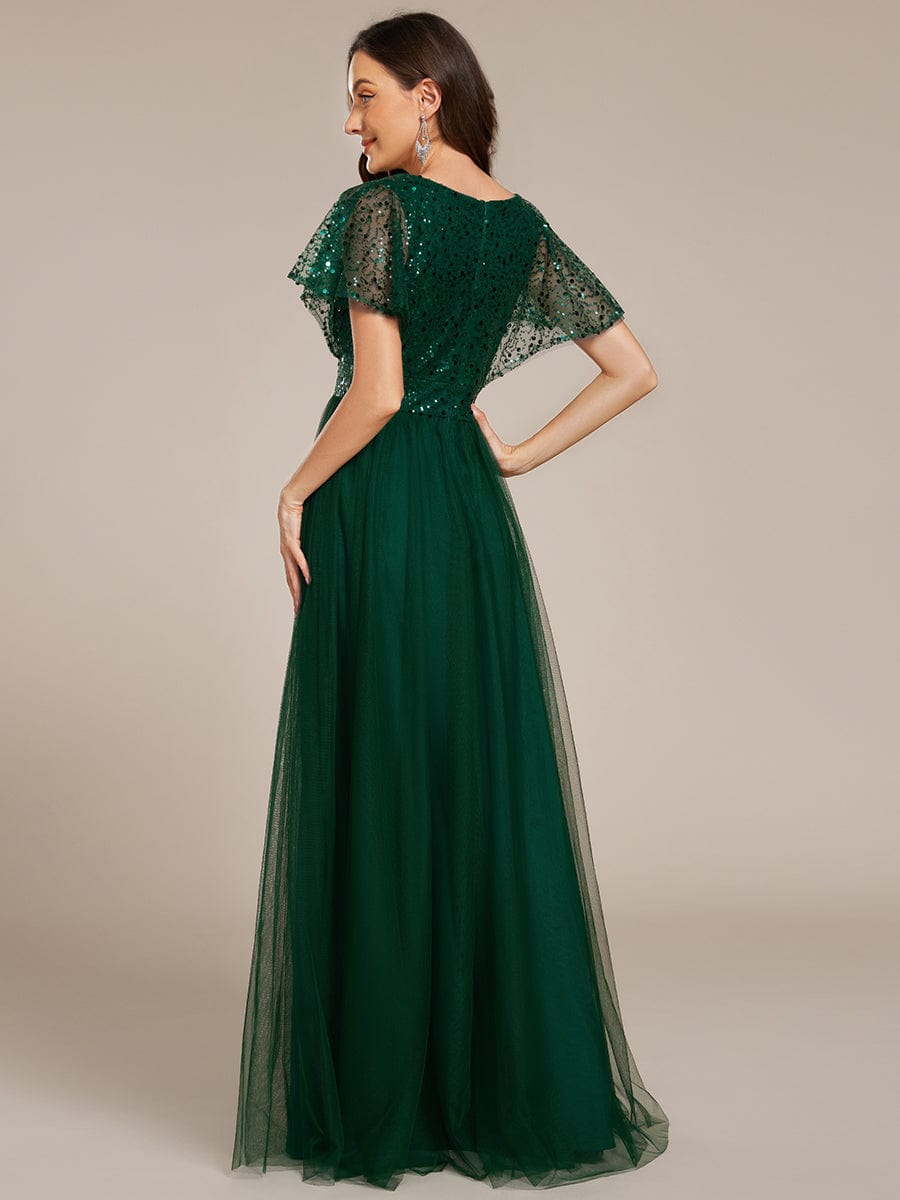 A-Line Short Sleeve Tulle Evening Dress with Sequin Embellishments #color_Dark Green