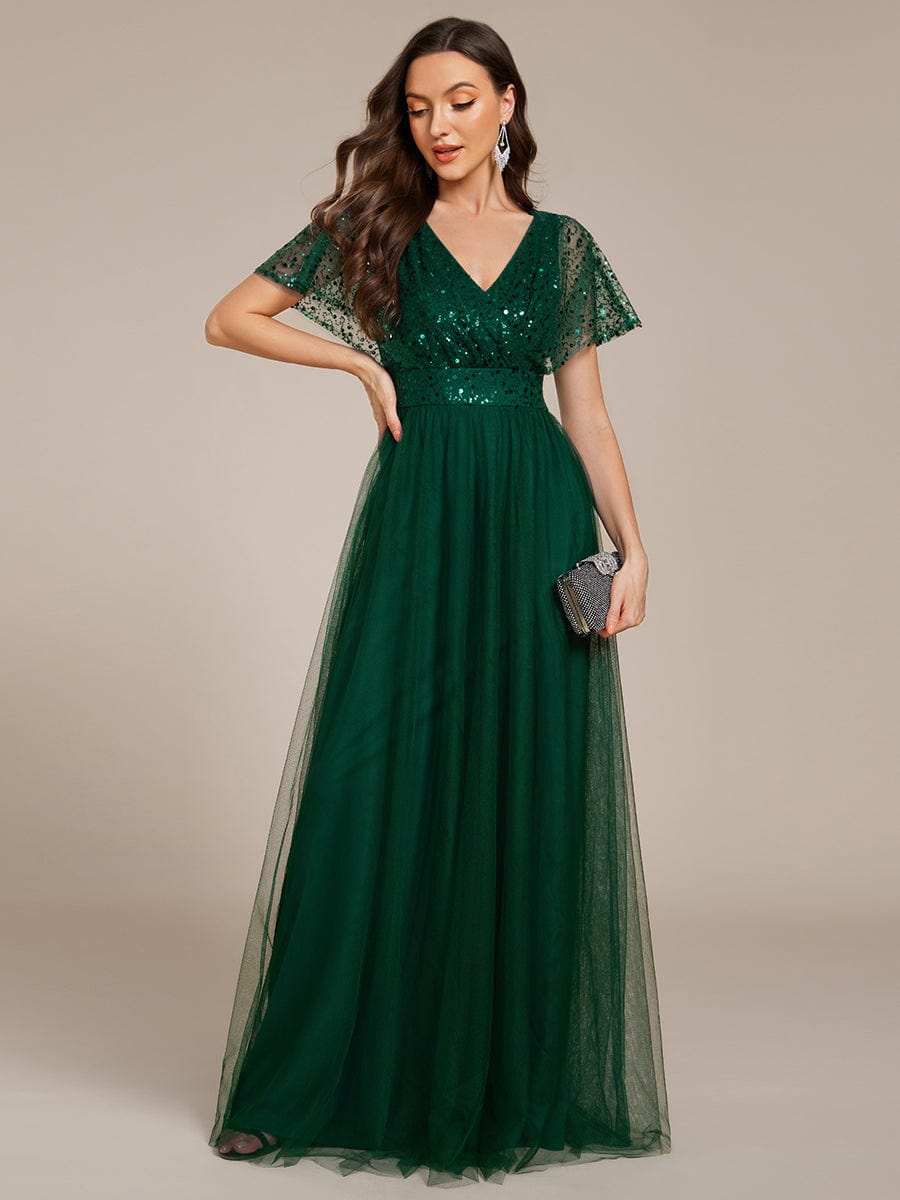 A-Line Short Sleeve Tulle Evening Dress with Sequin Embellishments #color_Dark Green