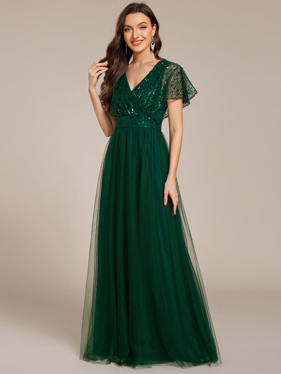 A-Line Short Sleeve Tulle Evening Dress with Sequin Embellishments #color_Dark Green