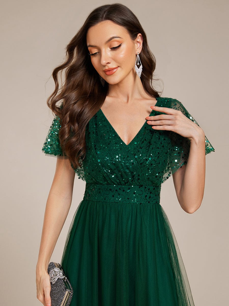 A-Line Short Sleeve Tulle Evening Dress with Sequin Embellishments #color_Dark Green