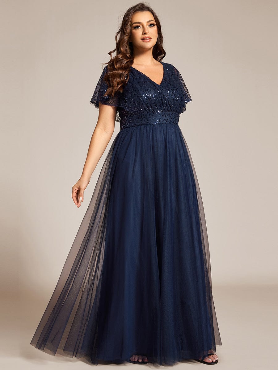 Plus Size A Line Short Sleeve Tulle Evening Dress with Sequin Details