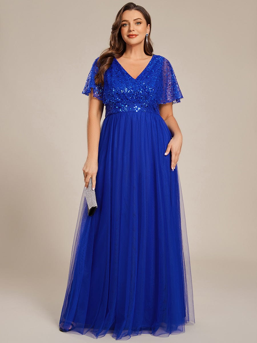 A-Line Short Sleeve Tulle Evening Dress with Sequin Embellishments #color_Sapphire Blue