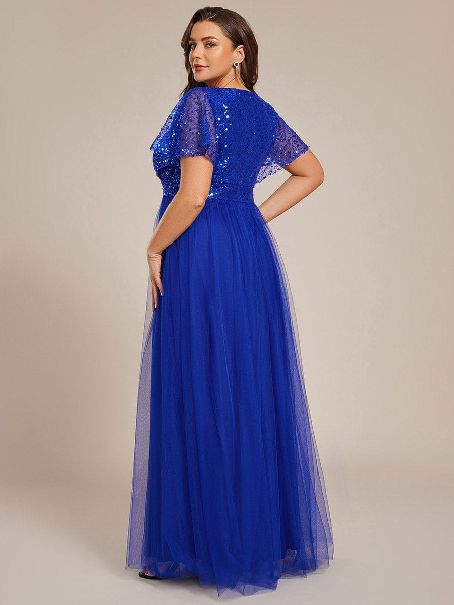 A-Line Short Sleeve Tulle Evening Dress with Sequin Embellishments #color_Sapphire Blue