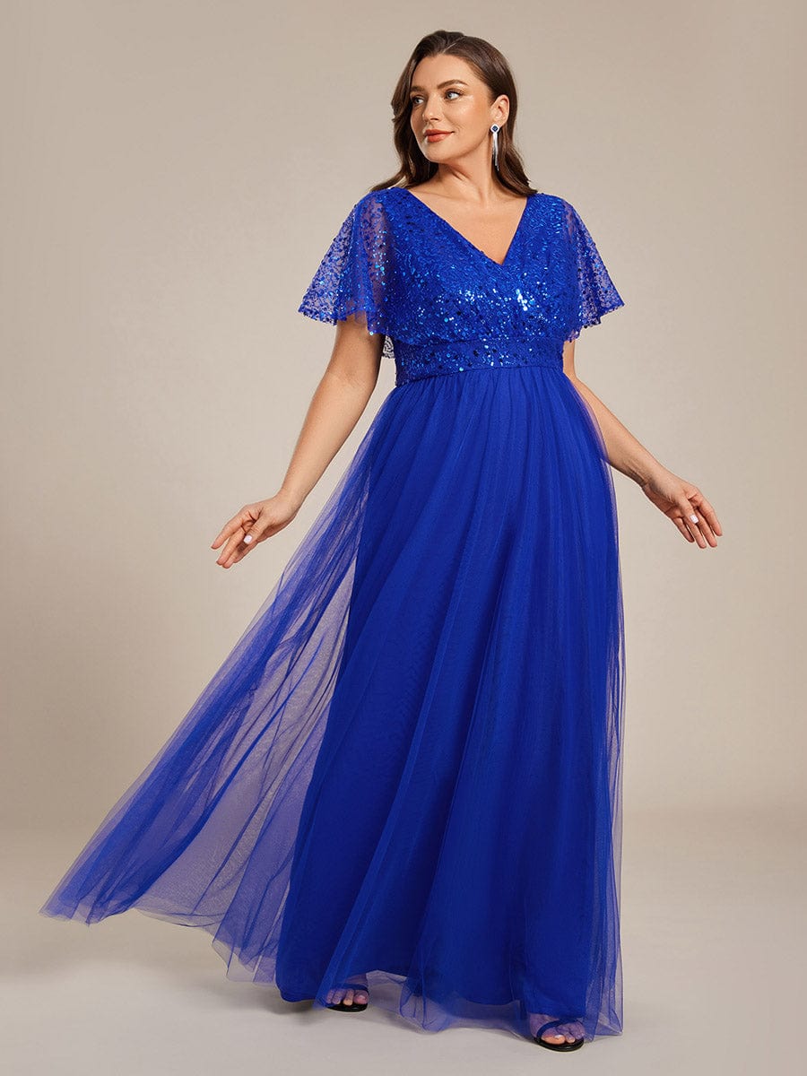 A-Line Short Sleeve Tulle Evening Dress with Sequin Embellishments #color_Sapphire Blue