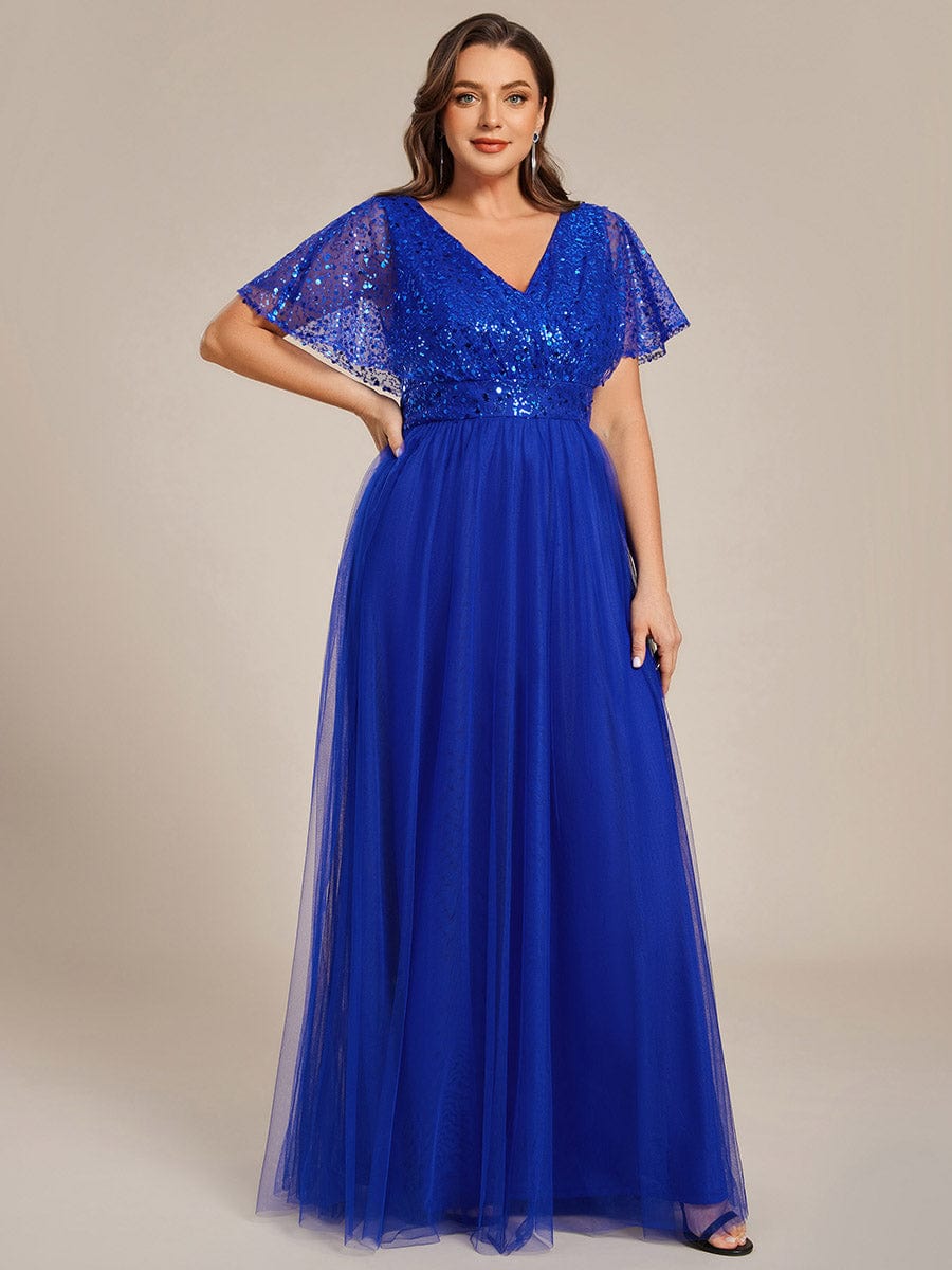 A-Line Short Sleeve Tulle Evening Dress with Sequin Embellishments #color_Sapphire Blue