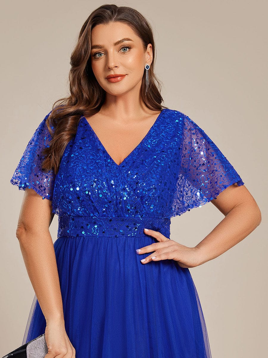 A-Line Short Sleeve Tulle Evening Dress with Sequin Embellishments #color_Sapphire Blue