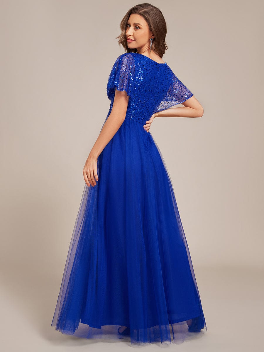 A-Line Short Sleeve Tulle Evening Dress with Sequin Embellishments #color_Sapphire Blue