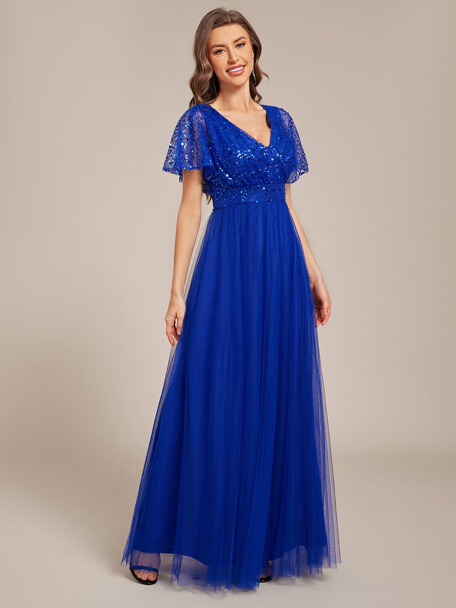 A-Line Short Sleeve Tulle Evening Dress with Sequin Embellishments #color_Sapphire Blue