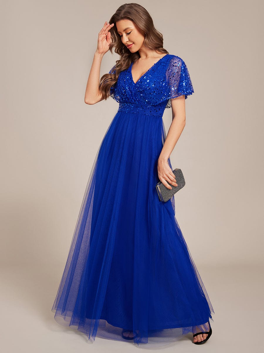 A-Line Short Sleeve Tulle Evening Dress with Sequin Embellishments #color_Sapphire Blue