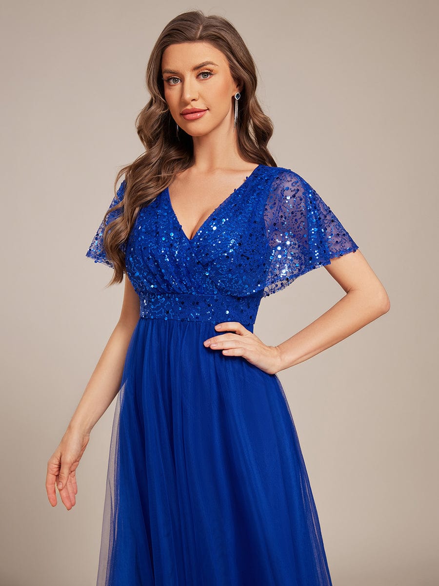 A-Line Short Sleeve Tulle Evening Dress with Sequin Embellishments #color_Sapphire Blue