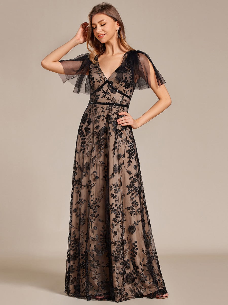 Flared Sleeve Embroidered Mesh Evening Maxi Dress #color_Black