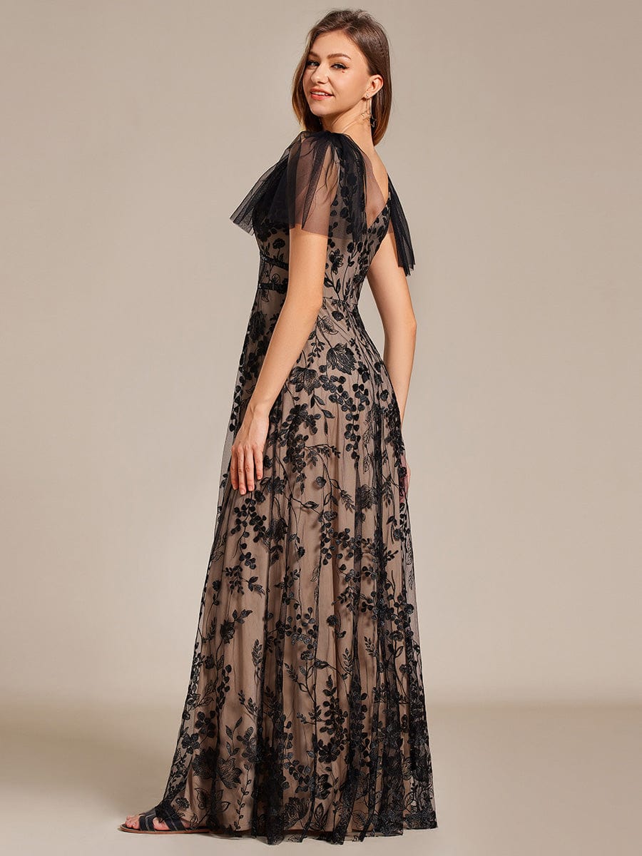 Flared Sleeve Embroidered Mesh Evening Maxi Dress #color_Black