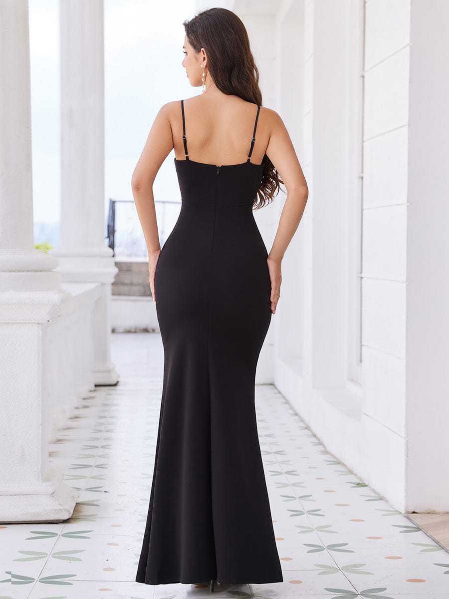 Elegant Spaghetti Strap Beaded Bodycon Evening Dress #color_Black