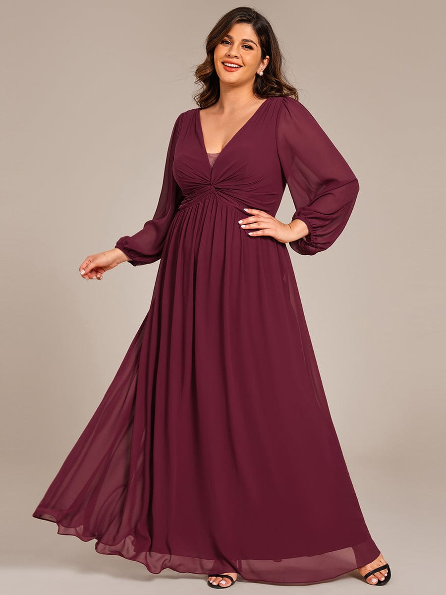 V-Neck Twist Front Long Sleeve Chiffon Evening Maxi Dress #color_Burgundy