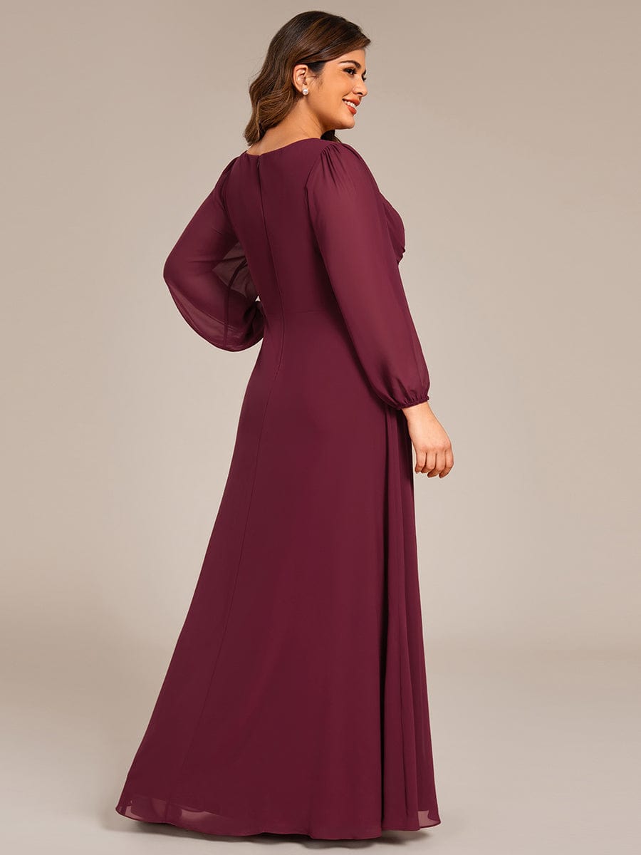 V-Neck Twist Front Long Sleeve Chiffon Evening Maxi Dress #color_Burgundy