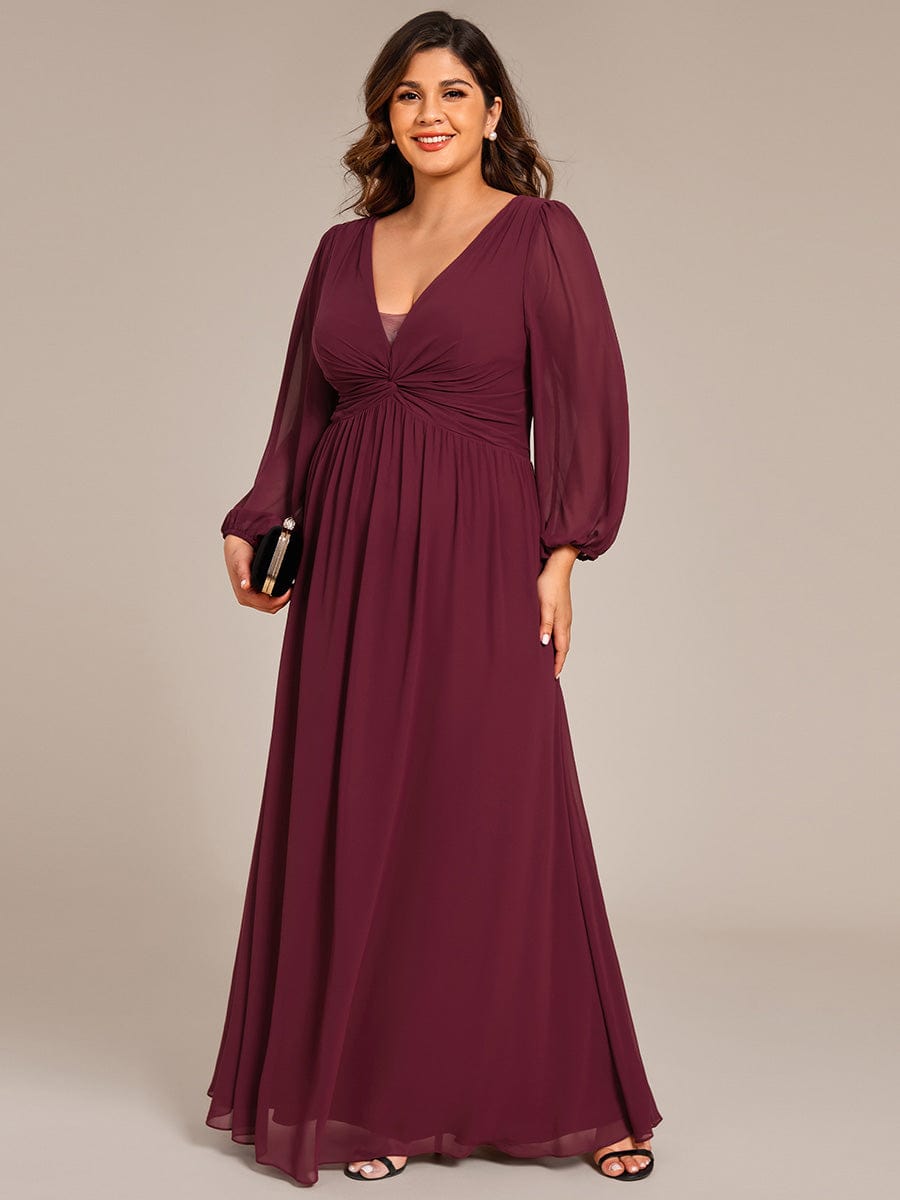 V-Neck Twist Front Long Sleeve Chiffon Evening Maxi Dress #color_Burgundy