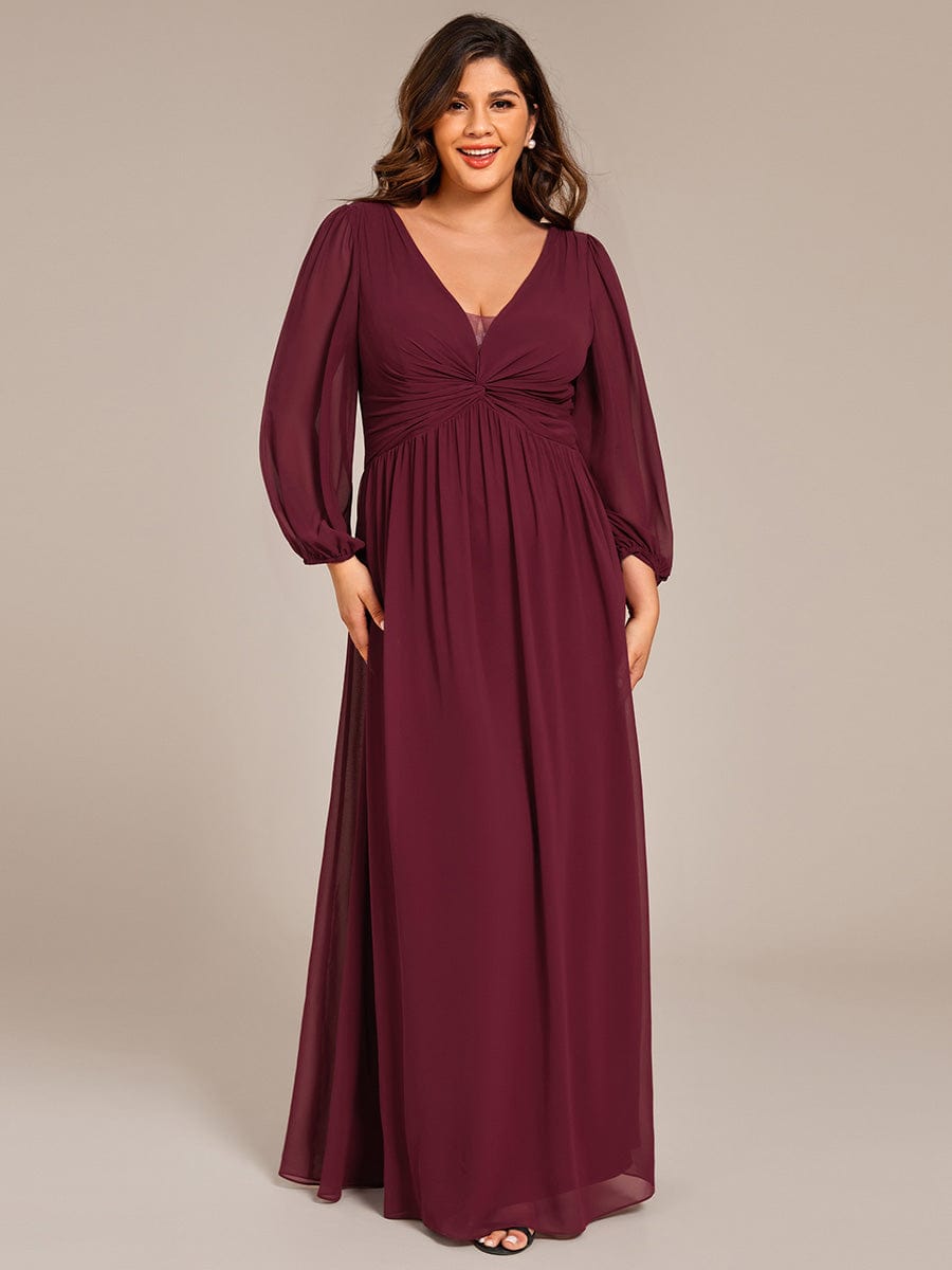 V-Neck Twist Front Long Sleeve Chiffon Evening Maxi Dress #color_Burgundy