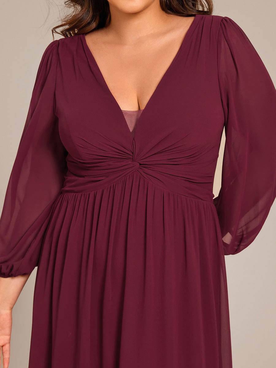 V-Neck Twist Front Long Sleeve Chiffon Evening Maxi Dress #color_Burgundy