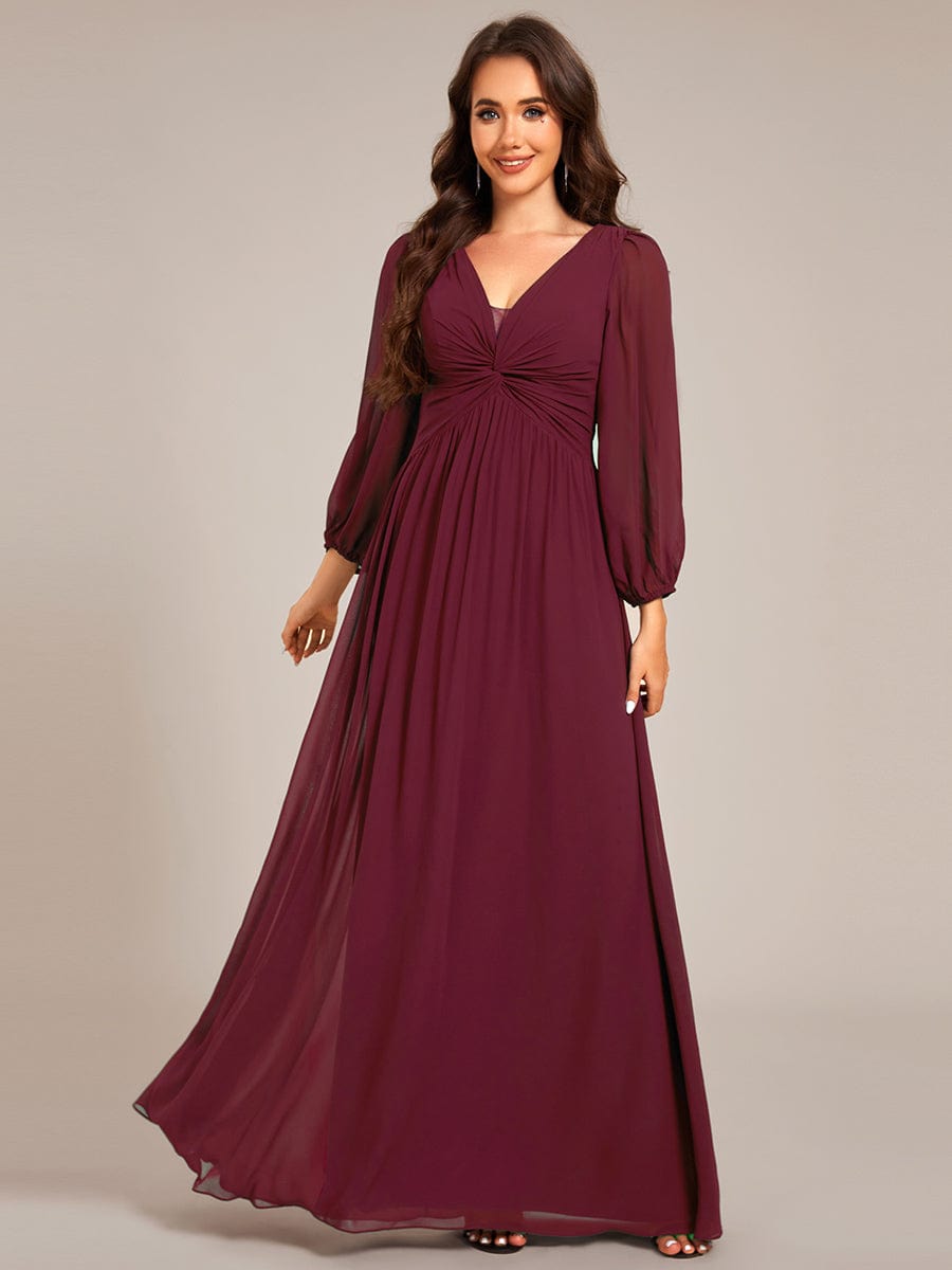 V-Neck Twist Front Long Sleeve Chiffon Evening Maxi Dress #color_Burgundy