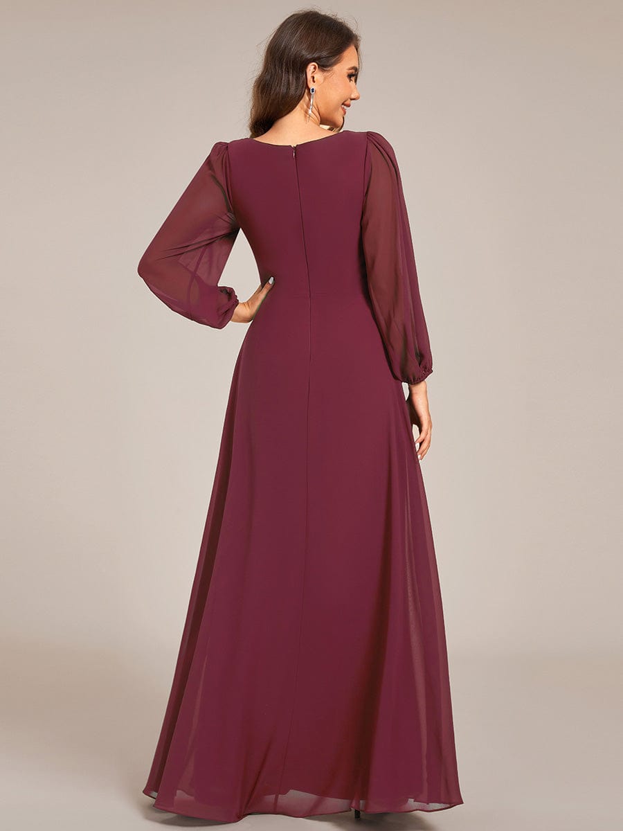 V-Neck Twist Front Long Sleeve Chiffon Evening Maxi Dress #color_Burgundy