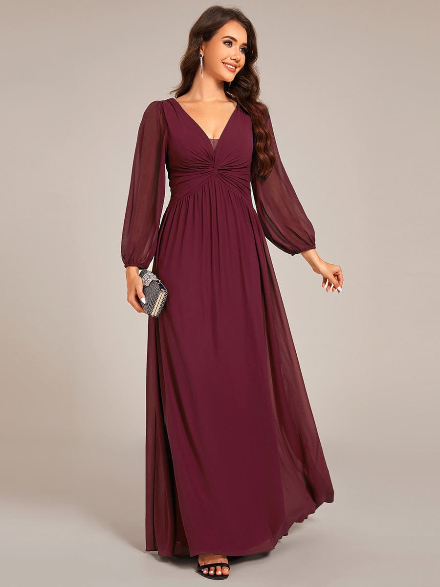 V-Neck Twist Front Long Sleeve Chiffon Evening Maxi Dress #color_Burgundy