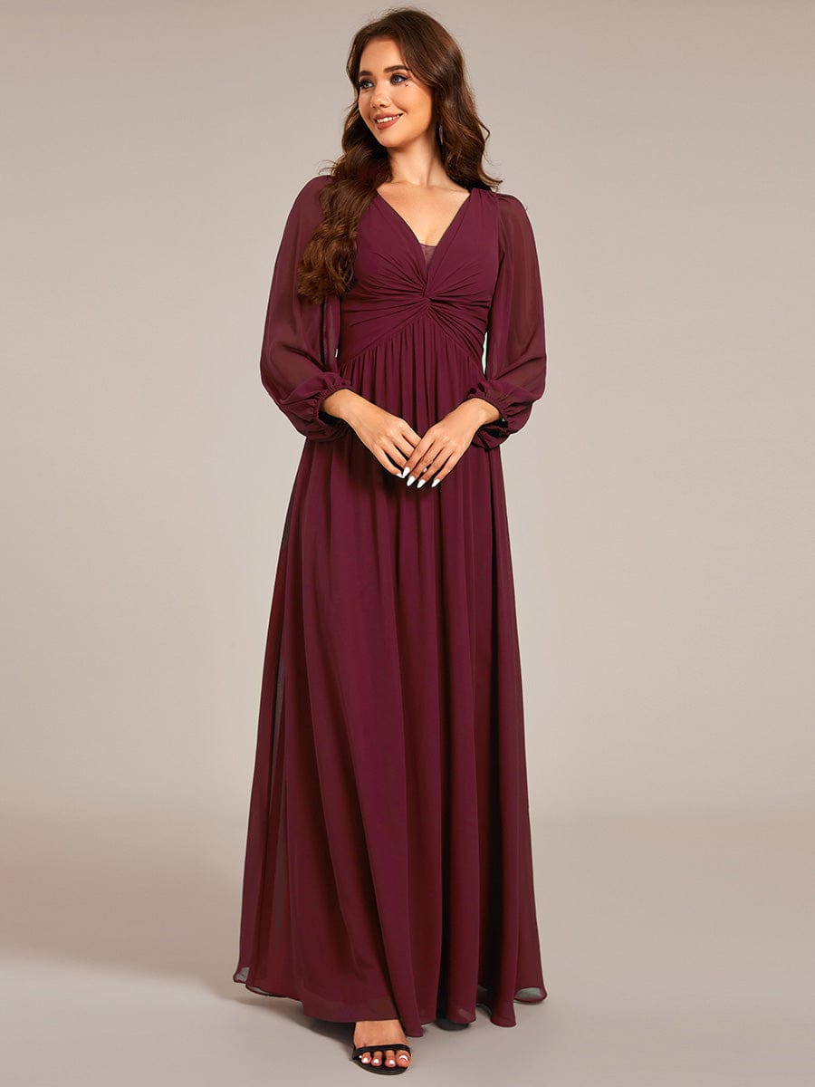 V-Neck Twist Front Long Sleeve Chiffon Evening Maxi Dress #color_Burgundy