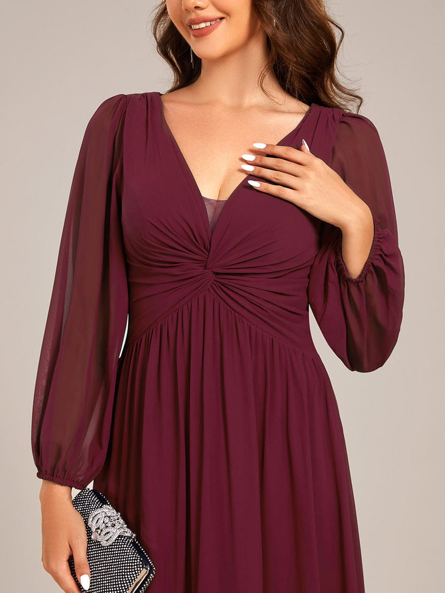 V-Neck Twist Front Long Sleeve Chiffon Evening Maxi Dress #color_Burgundy