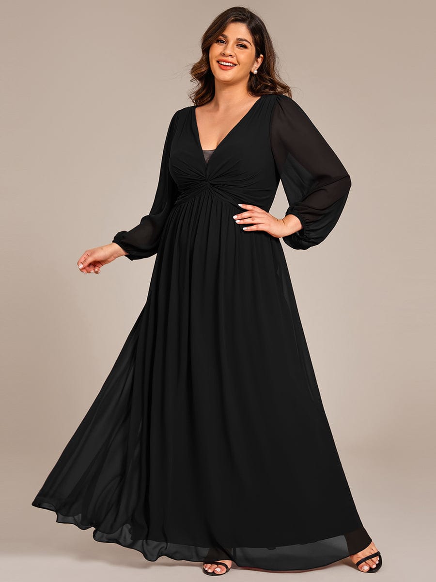 V-Neck Twist Front Long Sleeve Chiffon Evening Maxi Dress #color_Black