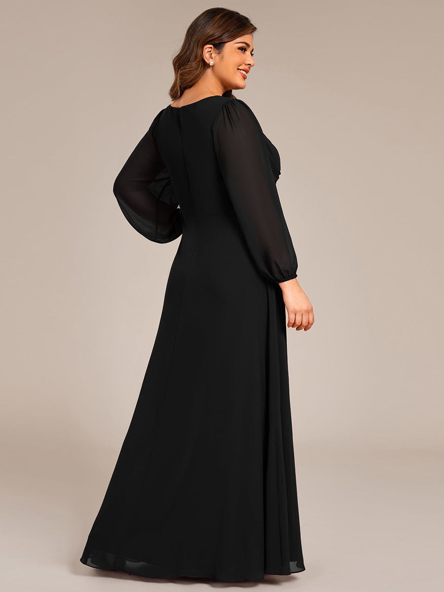 V-Neck Twist Front Long Sleeve Chiffon Evening Maxi Dress #color_Black