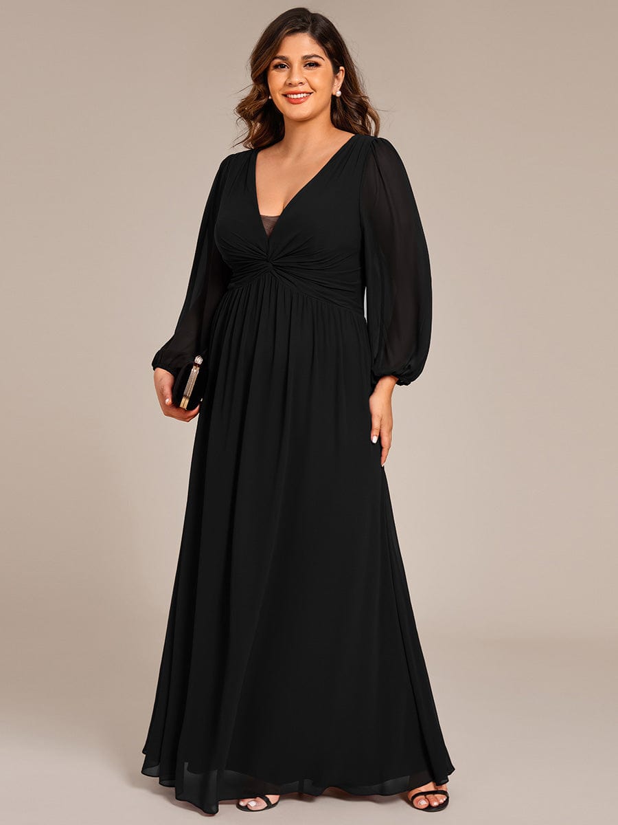 V-Neck Twist Front Long Sleeve Chiffon Evening Maxi Dress #color_Black