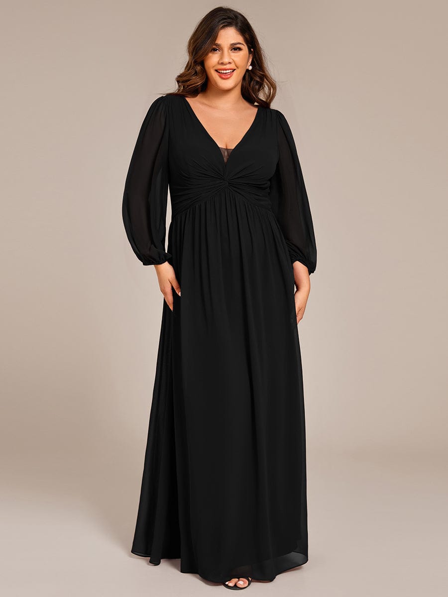 V-Neck Twist Front Long Sleeve Chiffon Evening Maxi Dress #color_Black