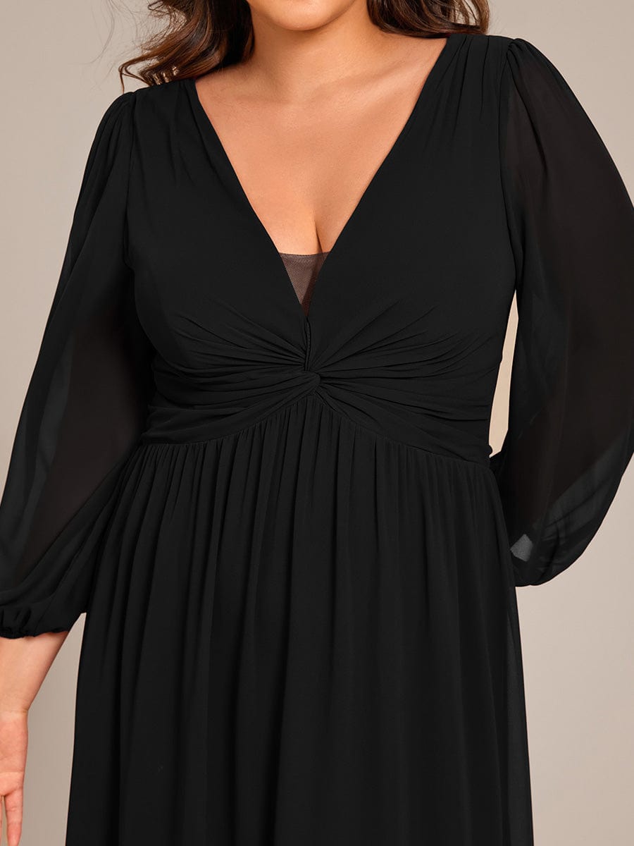 V-Neck Twist Front Long Sleeve Chiffon Evening Maxi Dress #color_Black