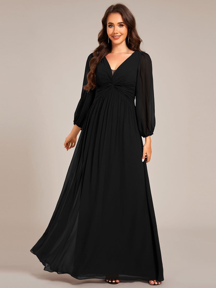 V-Neck Twist Front Long Sleeve Chiffon Evening Maxi Dress #color_Black