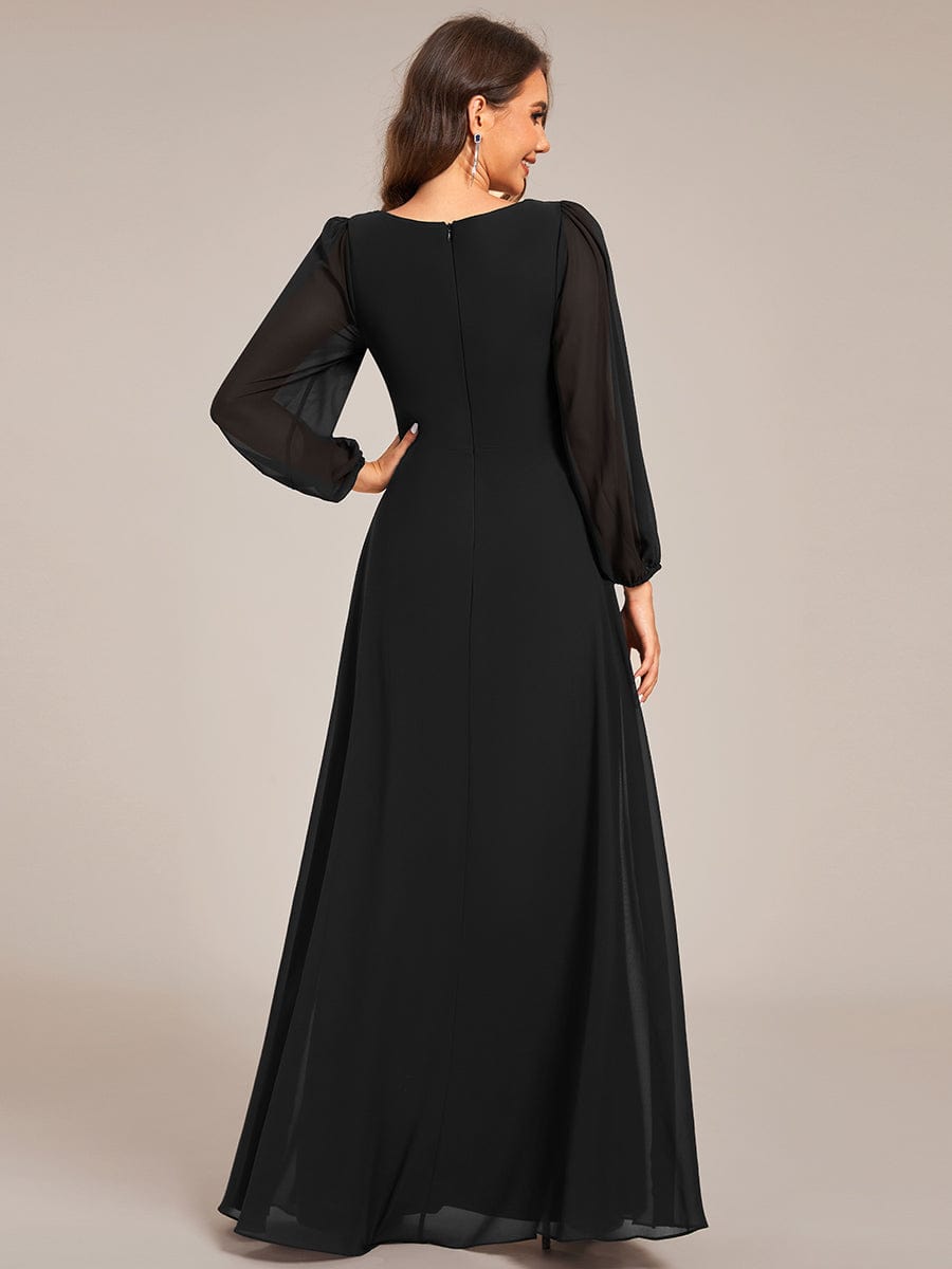 V-Neck Twist Front Long Sleeve Chiffon Evening Maxi Dress #color_Black